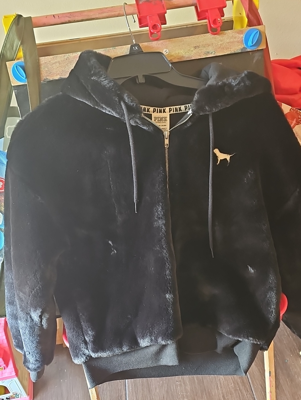 PINK Victoria's Secret Black Plush Zip-Up Hoodie Jacket